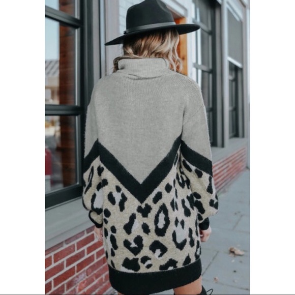Gray Turtleneck Chevron Leopard Knit Sweater Dress - Picture 3 of 5